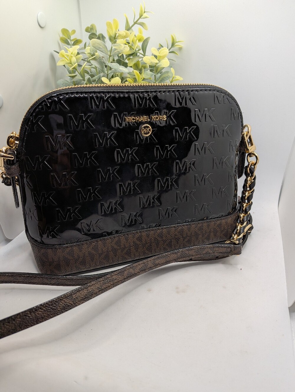 Michael Kors Black Patent and Brown Signature Crossbody